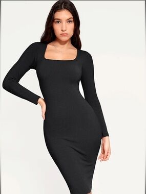 Popilush Shapewear Long Sleeve Square Neck Modal Slimming Midi Dress M Slimming